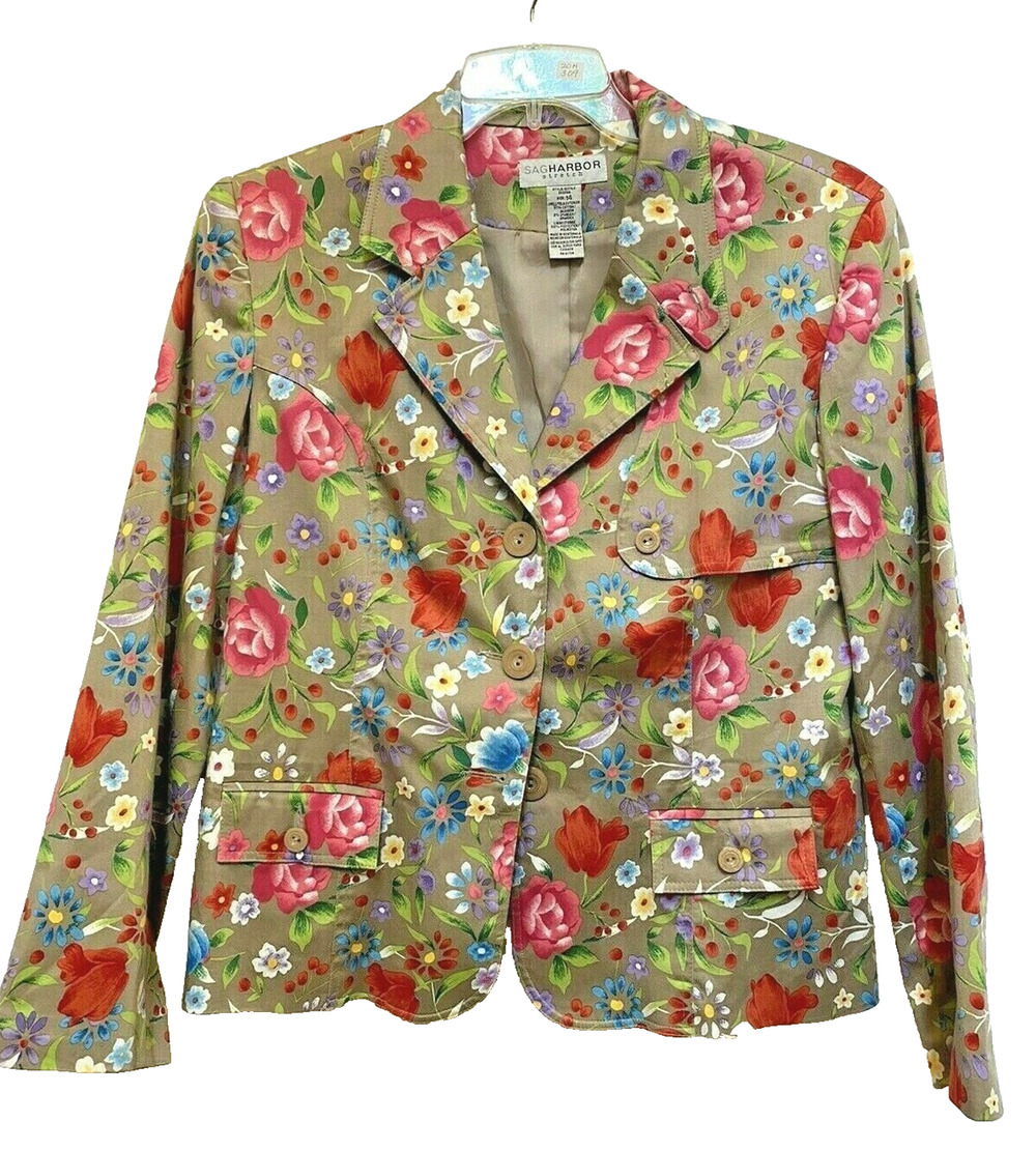Sag Harbor Plus Size 14 Casual Jacket Blazer Tan Floral Preppy Boss Lady Classic